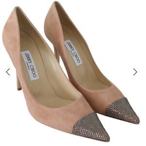 Jimmy Choo Amika 100 Powder Pink/ Black Diamond suede Pumps Sz 34.5